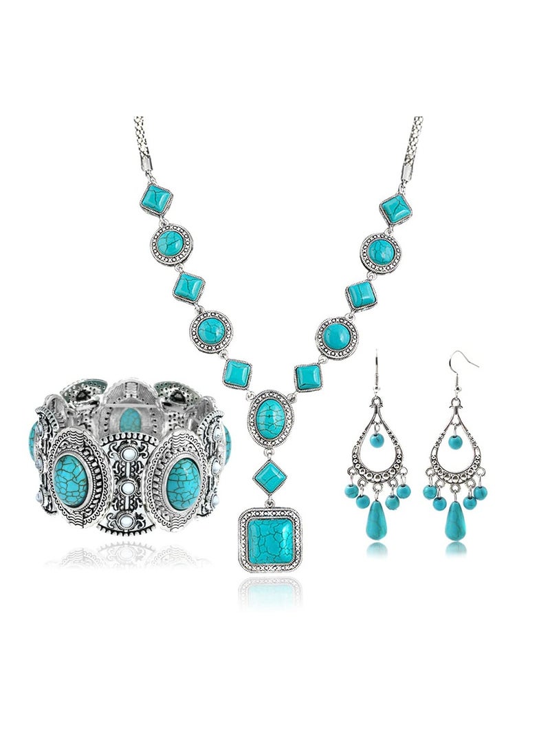 Excefore 3 Pieces Bohemian Turquoise Set Turquoise Pendant Necklace, Vintage Turquoise Dangle Earrings, Stretchable Turquoise Bracelet for Women Statement Boho Jewelry Set - Image 1