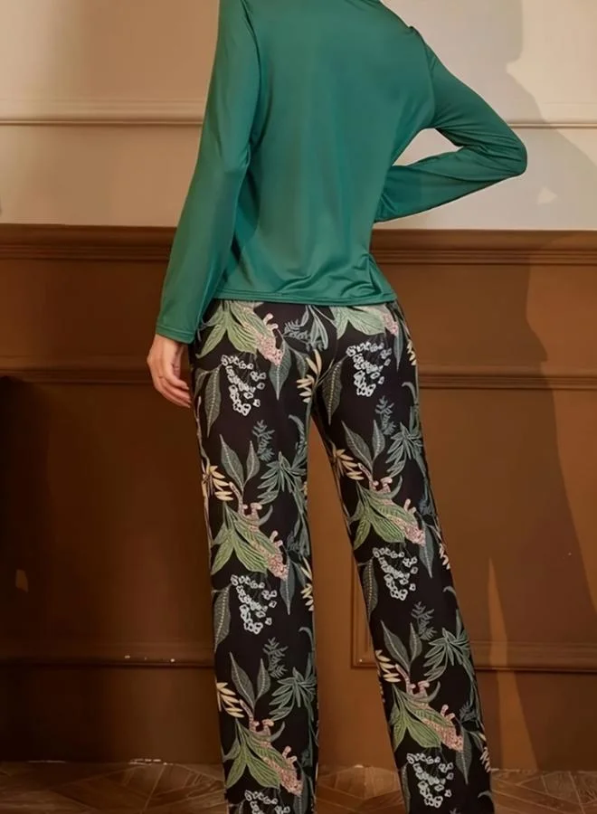 Take Two Take Two Solid Long Sleeve T-Shirt and Leaf Print Pyjama Set