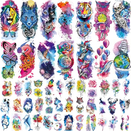 JEEFONNA 86 Sheets Temporary Tattoo, 14 Sheets Large Half Arm Fake Flower Cat Owl Lion Tattoos, 72 Sheets Tiny Waterproof Semi Permanent Temporary Tattoos Realistic for Women Girls Kids Adults - Image 1