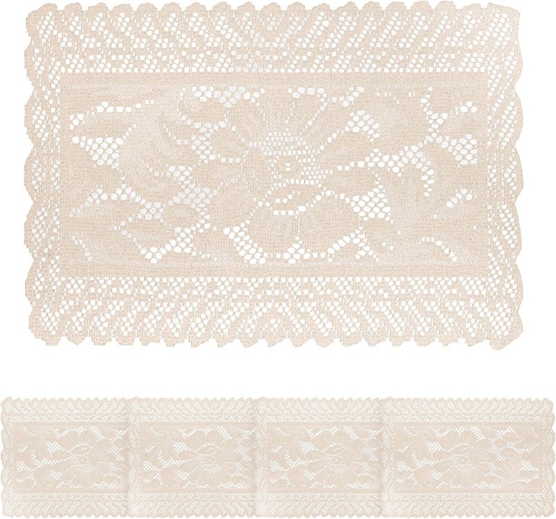 4 Pack Embroidered Lace Placemats, 12x17 Inch Vintage Floral Table Mats, Reusable Rectangle Tablemats for Dining, Wedding, Tea Party & Ramadan Decor - Image 1