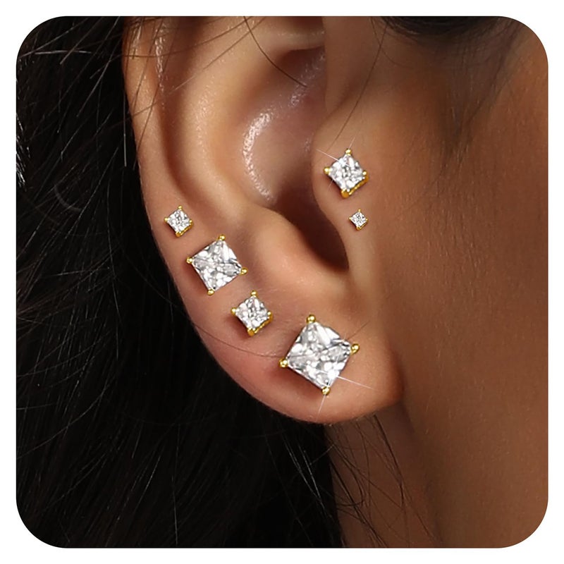 MDFUN 5 Pairs 14K Yellow Gold Plated Princess Cut Clear Cubic Zirconia Stud Earring Set for Women Men - Image 3