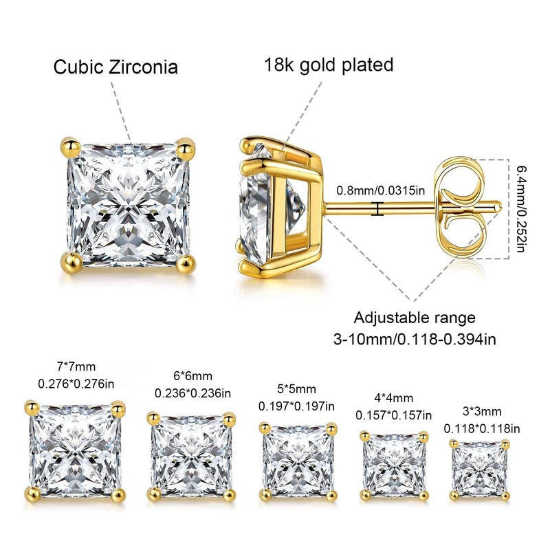 MDFUN 5 Pairs 14K Yellow Gold Plated Princess Cut Clear Cubic Zirconia Stud Earring Set for Women Men - Image 2