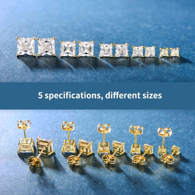 MDFUN 5 Pairs 14K Yellow Gold Plated Princess Cut Clear Cubic Zirconia Stud Earring Set for Women Men - Image 5