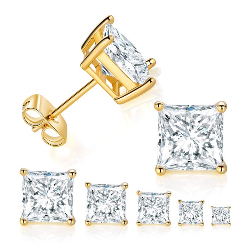 MDFUN 5 Pairs 14K Yellow Gold Plated Princess Cut Clear Cubic Zirconia Stud Earring Set for Women Men - Image 1
