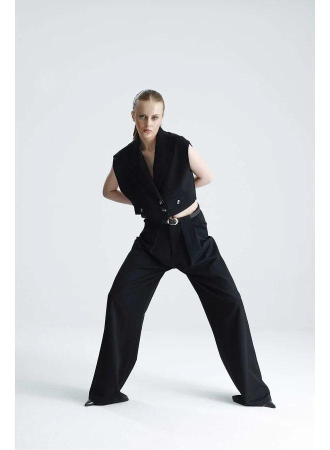 GACACOLLECTION ALOHA Black Palazzo Belted Pants