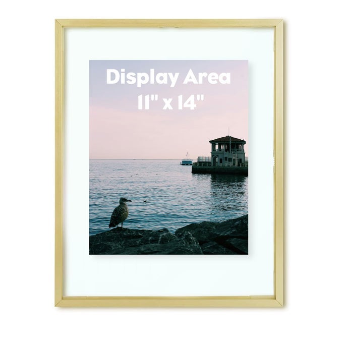 11x14 Floating Frame Gold Aluminum Picture Frame Clear Glass Displays Any Size Photo up to 11 by 14 Home Gallery Wall Decoration Display Horizontal and Vertical