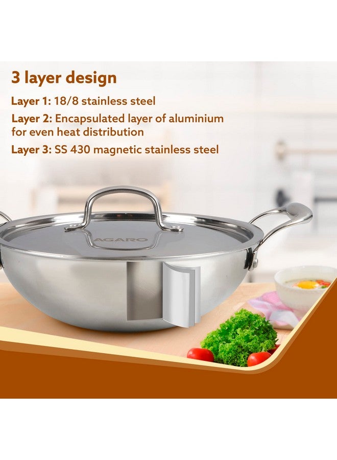 AGARO Regency Tri-Ply Steel Kadai, 2.75L Capacity, 26 cm Diameter, Stainless Steel, Riveted Handle, Food Safe, Gas Oven and Induction Oven Compatible, Cooking, Frying, Serving, Silver - Image 3