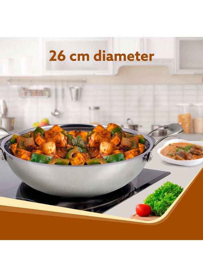 AGARO Regency Tri-Ply Steel Kadai, 2.75L Capacity, 26 cm Diameter, Stainless Steel, Riveted Handle, Food Safe, Gas Oven and Induction Oven Compatible, Cooking, Frying, Serving, Silver - Image 2