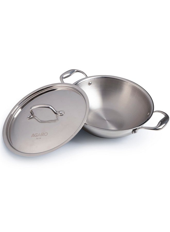 AGARO Regency Tri-Ply Steel Kadai, 2.75L Capacity, 26 cm Diameter, Stainless Steel, Riveted Handle, Food Safe, Gas Oven and Induction Oven Compatible, Cooking, Frying, Serving, Silver - Image 1