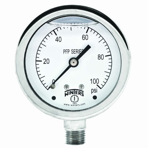 Winters Instruments Winters PFP Series Premium Stainless Steel 304 Single Scale Liquid Filled Pressure Gauge, 0-100 psi, 2-1/2" Dial Display, +/-1.5% Accuracy, 1/4" NPT Bottom Mount - Image 2