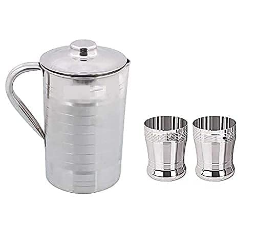 Duodeno Stainless Steel 2000 ML Water Jug Pitcher with Lid for Tableware 2 Litre with 2 Glasses - Image 1