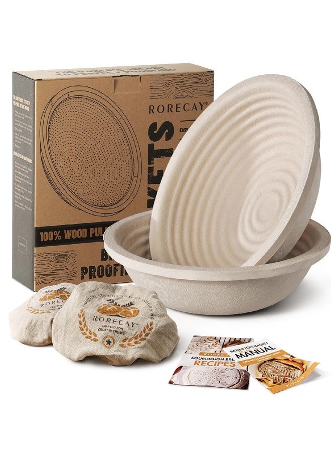 rorecay Wood Pulp Banneton Bread Proofing Baskets Set of 2, 9 Inch Round 2.2LB Sourdough Banneton Basket with Liner, Non-Stick Dough Proofing Bowl for Rising and Baking - Image 1