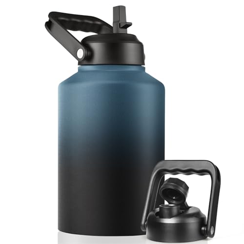 EALGRO Gallon Insulated Water Bottle Jug with Straw 128 oz Large Stainless Steel Sports Metal Water Canteen With Handle Thermal Water Cup Mug with 2 Lids Indigo Black