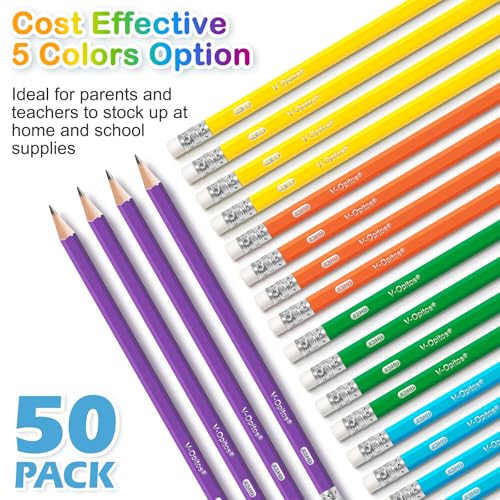 V-Opitos #2 Pre-Sharpened Wood-Cased Pencils, 50 Pack with Top Erasers, Bulk 2HB Pencils in Assorted Colors for School, Writing, Drawing and Sketching - Image 5