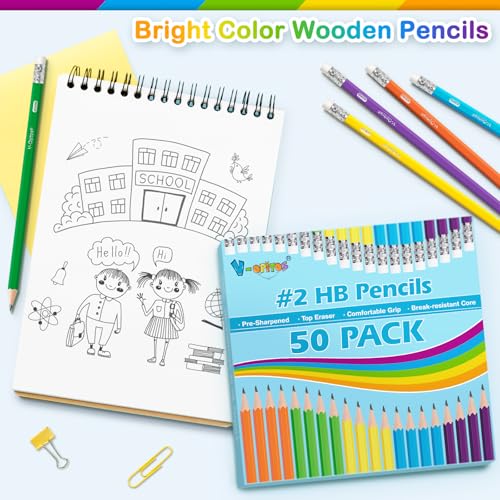 V-Opitos #2 Pre-Sharpened Wood-Cased Pencils, 50 Pack with Top Erasers, Bulk 2HB Pencils in Assorted Colors for School, Writing, Drawing and Sketching - Image 2