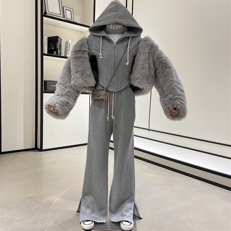 2024 Autumn and Spring New Sports and Leisure Waist Slimming Look Hooded Sweatshirt Jacket High Waist Wide Leg Pants Two-Piece Trendy Set Gray suit