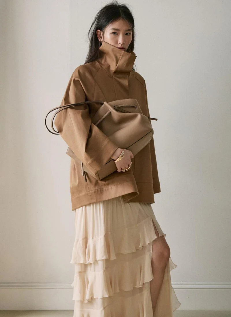 Mango 09-CAMEL Large Faux Leather Shoulder Bag for Women | Best Price UAE