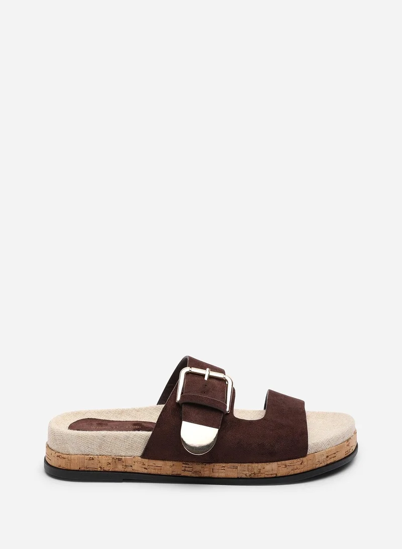 Where's That From Avenue Buckle Footbed Dark Brown Suede Sandal
