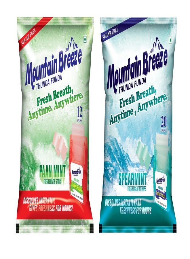 Mountain Breeze Mouth Freshner Sugar-Free Paanmint-Spearmint Combo (18 strips each) pack of 12 and (7strips each) pack of 20 - Image 1