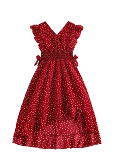 Generic Girls Dress Wine Red Polka Dot V-neck Wing-Sleeve Irregular-Hem Chiffon Dress Elegnat Sweet Style Summer Young Girls Dress  - Image 1