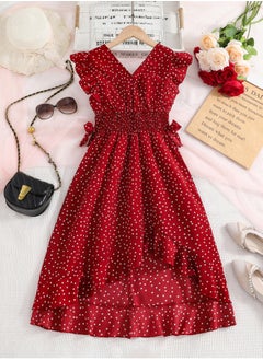 Generic Girls Dress Wine Red Polka Dot V-neck Wing-Sleeve Irregular-Hem Chiffon Dress Elegnat Sweet Style Summer Young Girls Dress  - Image 2