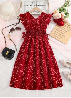 Generic Girls Dress Wine Red Polka Dot V-neck Wing-Sleeve Irregular-Hem Chiffon Dress Elegnat Sweet Style Summer Young Girls Dress  - Image 3