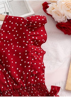 Generic Girls Dress Wine Red Polka Dot V-neck Wing-Sleeve Irregular-Hem Chiffon Dress Elegnat Sweet Style Summer Young Girls Dress  - Image 5