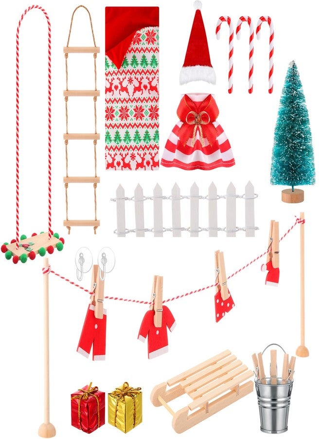 Cutecrop 20 Pcs Christmas Doll Accessories Set Include Clothes Ladder Swing Sleeping Bag Fence and Mini Props Suction Cup Hook Christmas DIY Craft Gift for Xmas Clothes Accessories - Image 1