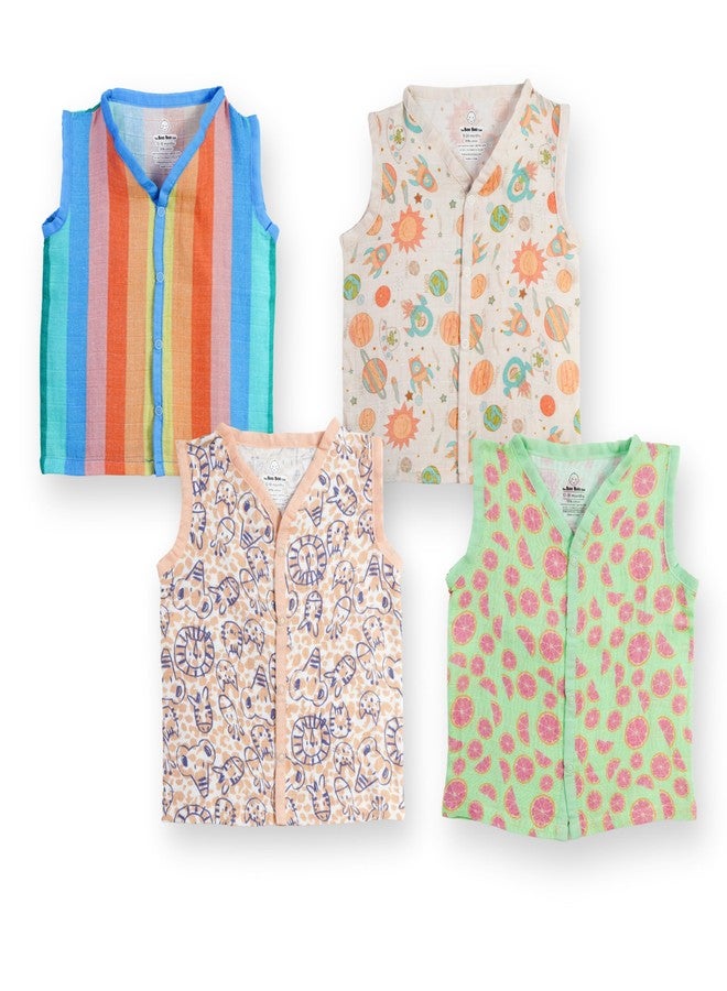 The Boo Boo Club Organic Cotton Baby Jhabla | Pack of 4 Sleeveless Jabla | 3 to 6 Months Infant Summer Wear | Soft & Breathable Muslin Fabric | Easy Button Closure Vest White - Image 1