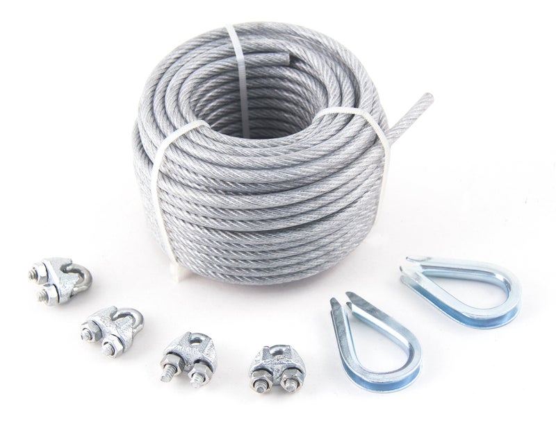 KingChain 463771 1/8-in x 3/16-in x 50 ft PVC Coated Galvanised Steel 7 x 7 Aircraft Cable Metal Wire Rope Kit with 340 lb Working Load (x4 1/8-inch Wire Rope Clips and x2 1/8-inch Wire Rope Thimbles) - Image 1