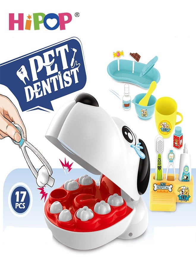 هيبوب مجموعة طبيب الأطفال التمثيلية المكونة من 17 قطعة مع مجموعة علاج أسنان للكلب، لعبة تقمص دور الطبيب مع أدوات طبية، مجموعة لعب الطبيب ولعبة منزلية للأولاد والبنات، مصنوعة من مادة ABS صديقة للبيئة - Image 1