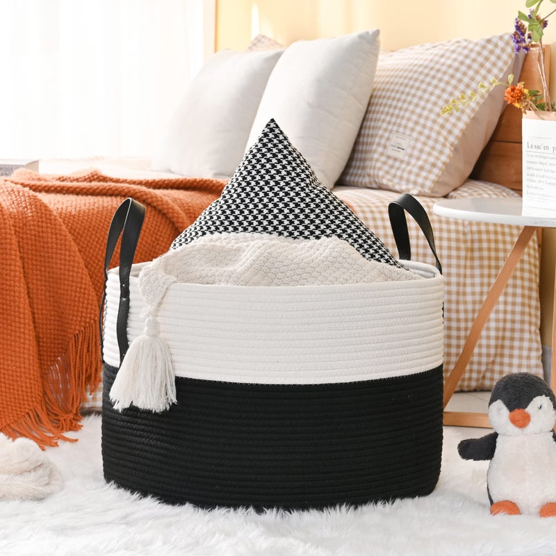 KAKAMAY Large Blanket Basket (20"x13"),Woven Baskets for storage Baby Laundry Hamper, Cotton Rope Blanket Basket for Living Room, Laundry, Nursery, Pillows, Baby Toy chest (White/Black) - Image 3