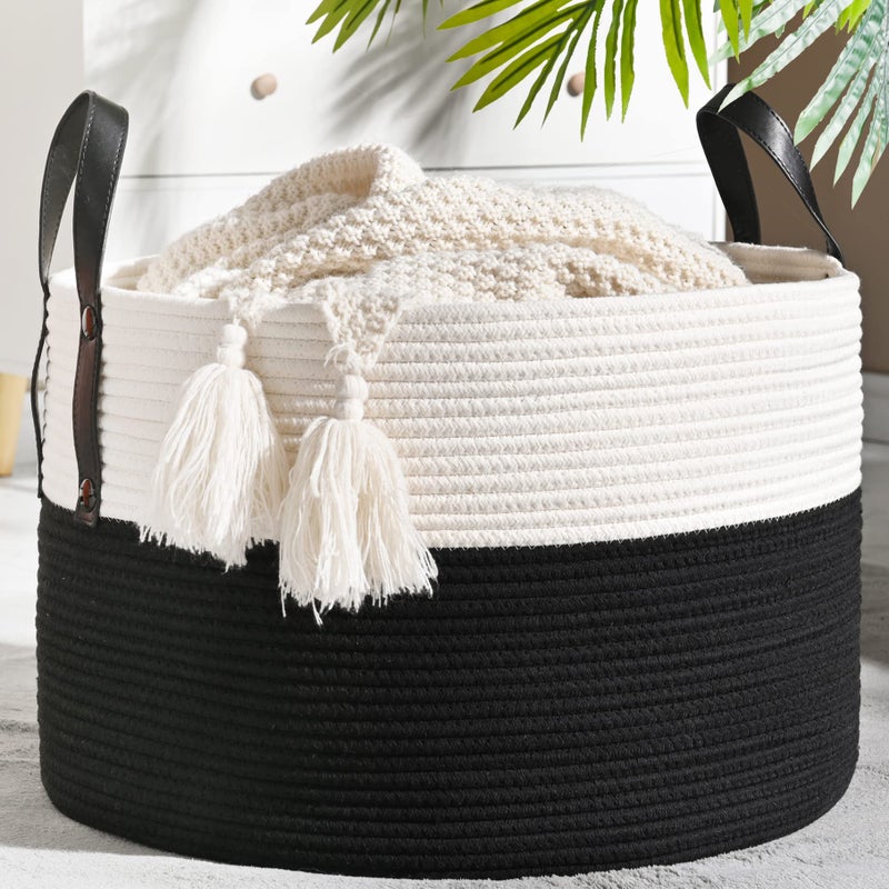 KAKAMAY Large Blanket Basket (20"x13"),Woven Baskets for storage Baby Laundry Hamper, Cotton Rope Blanket Basket for Living Room, Laundry, Nursery, Pillows, Baby Toy chest (White/Black) - Image 1