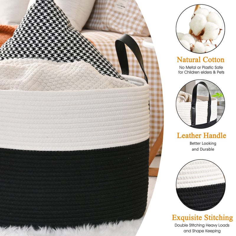 KAKAMAY Large Blanket Basket (20"x13"),Woven Baskets for storage Baby Laundry Hamper, Cotton Rope Blanket Basket for Living Room, Laundry, Nursery, Pillows, Baby Toy chest (White/Black) - Image 4