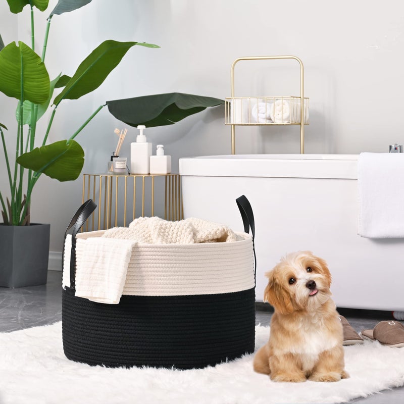 KAKAMAY Large Blanket Basket (20"x13"),Woven Baskets for storage Baby Laundry Hamper, Cotton Rope Blanket Basket for Living Room, Laundry, Nursery, Pillows, Baby Toy chest (White/Black) - Image 2