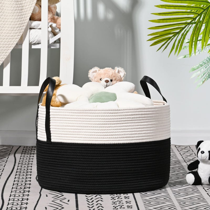 KAKAMAY Large Blanket Basket (20"x13"),Woven Baskets for storage Baby Laundry Hamper, Cotton Rope Blanket Basket for Living Room, Laundry, Nursery, Pillows, Baby Toy chest (White/Black) - Image 5