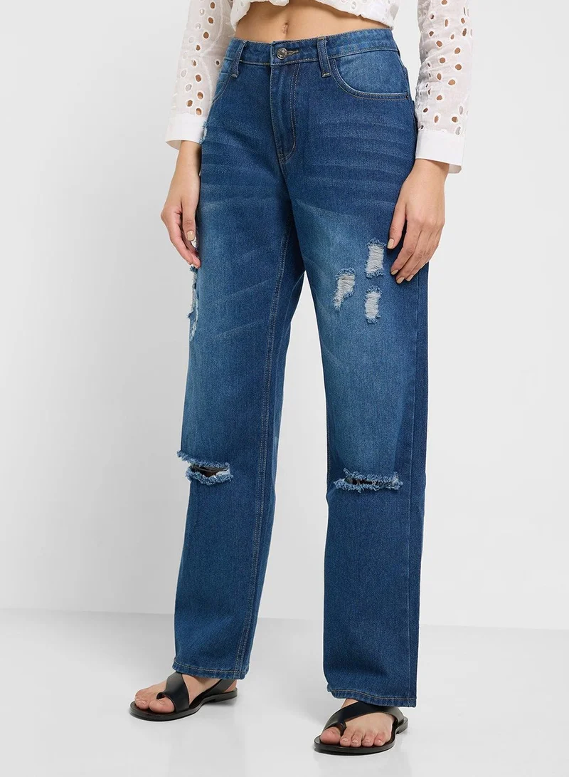 High Rise Relaxed Fit Ripped Jeans