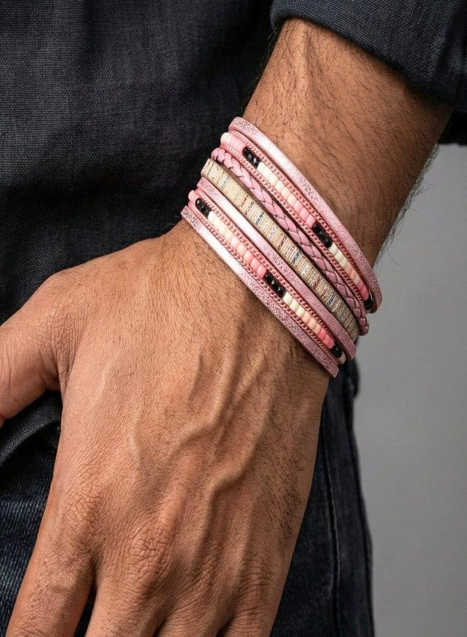 THE MEN THING REGALIA - Peach Genuine Braided Leather Bracelet Set for Men & Boys (8 inch) - Image 2