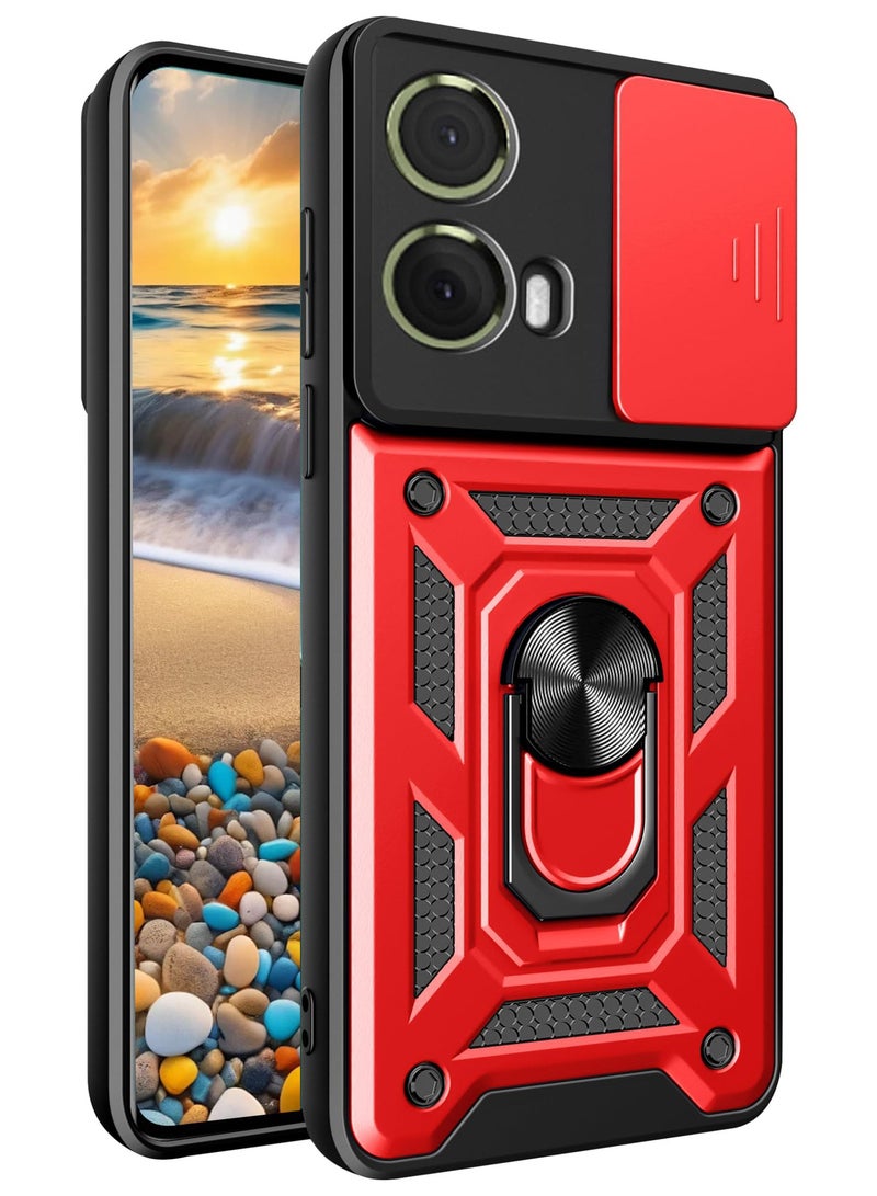 for Motorola G85 5G Case, Slide Camera Lens Cover, Magnetic Ring Holder Kickstand Protective Phone Case for Motorola G85 5G, Red