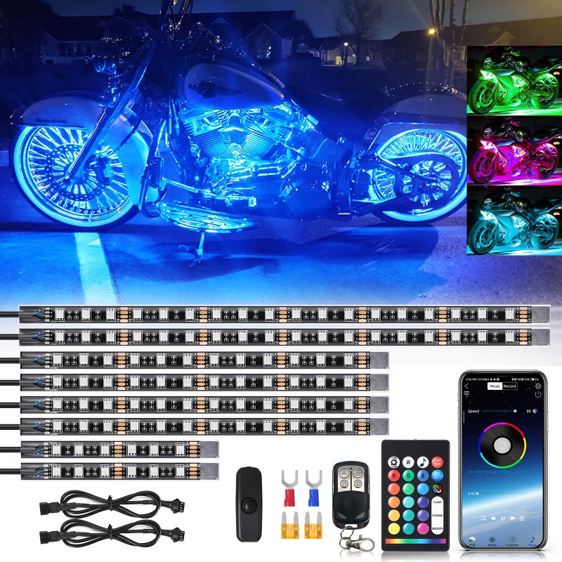 ZONECONA 8PCS Segmented Motorcycle RGB LED Light Kits with Brake Turn Signal, Underglow Lights with APP/Dual Remote, Multicolor 12v Waterproof Underbody Neon Strips Lights for Harley Honda Kawasaki - Image 1