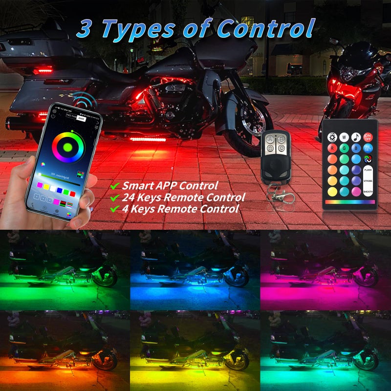 ZONECONA 8PCS Segmented Motorcycle RGB LED Light Kits with Brake Turn Signal, Underglow Lights with APP/Dual Remote, Multicolor 12v Waterproof Underbody Neon Strips Lights for Harley Honda Kawasaki - Image 2