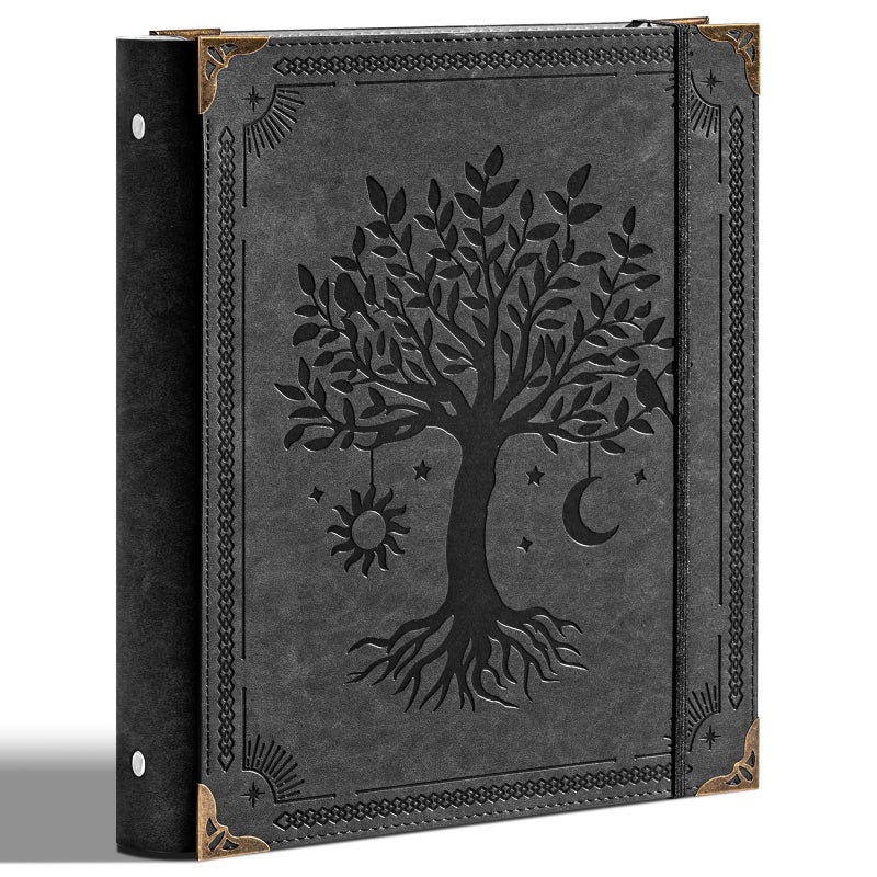 Ovesmusl PU Leather 3 Ring Binder 1 Inch Round Ring Binder Holds 200 Sheets 8.5"x11" Letter Size Paper, Wedding Family History Notebook Cover Loose Leaf Organizer, Black Tree - Image 1