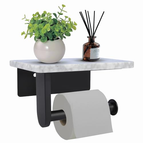 Nodafuer Toilet Paper Holder with Natural Marble Shelf for Bathroom WashroomWall Mounted Tissue Holder Suitable for Mega Roll Small 67 43 in Matte Black - Image 1