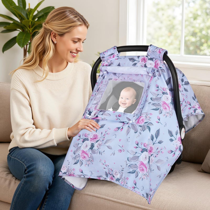 Bnditeu Car Seat Cover Baby, Carseat Covers Baby with 2 Layers Breathable Windows, Windproof Infant Car Seat Cover, Kick-Proof Baby Carrier Cover for Baby Girl Newborn Essentials - Image 4