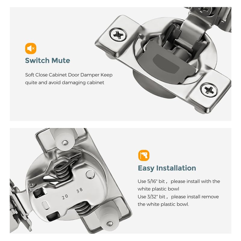 HOME EDIT 2 Pack 1 Pair 1-1/4 inch Overlay Soft Close Cabinet Hinges for Kitchen, Stainless Steel Three-Way Adjustable, Concealed Self-Closing Door Hinges - Image 5
