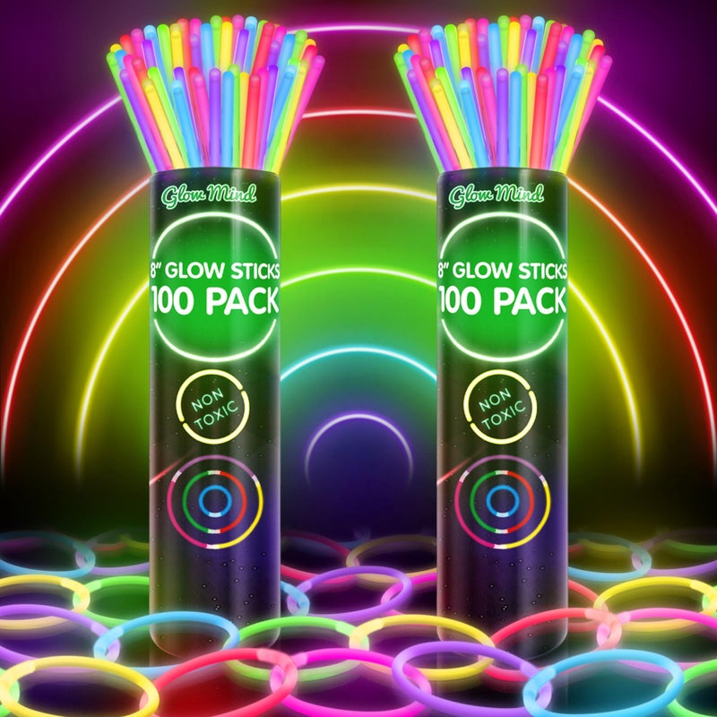 Glow Mind 200 Ultra Bright Glow Sticks Bulk - Halloween Glow in the Dark Party Supplies Pack - 8" Glowsticks Party Favors with Bracelets and Necklaces - Image 1