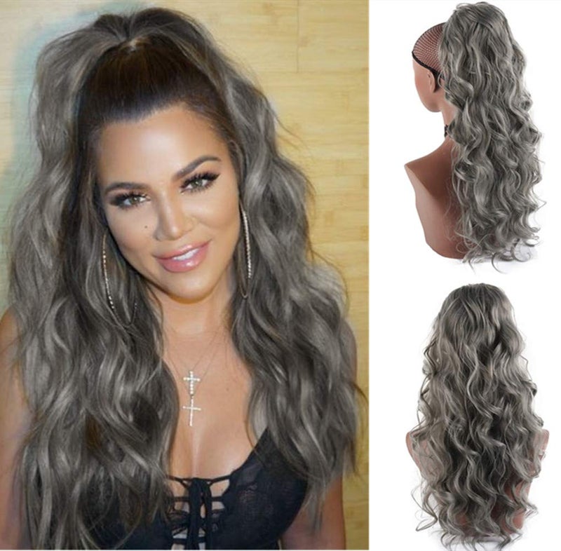 CINHOO 24 Inch Long Body Wavy Gray Drawstring Ponytail Extension for Black Women Clip in Ponytail Hair Extension Synthetic Curly Wavy Pony Tail Hairpiece for Women 24inch Gray