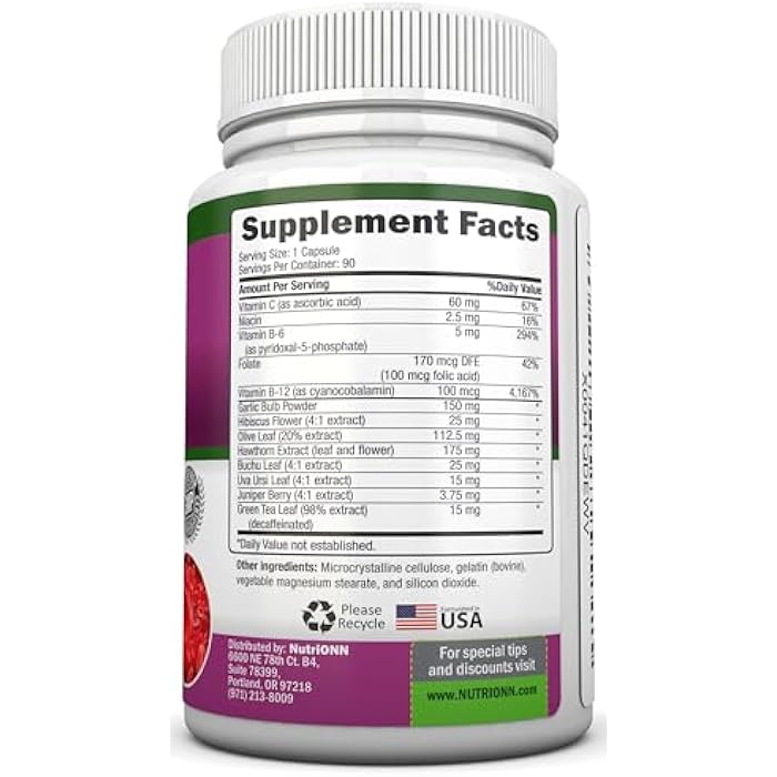 NutriONN مكمل دعم ضغط الدم - 13 عشبة وفيتامينات - مع مستخلص الزعرور، الكركديه، الثوم ومستخلص ورق الزيتون - مكمل طبيعي للنساء والرجال - كبسولات عالية القوة - غير معدلة وراثيًا - إمداد لمدة 90 يومًا - Image 2