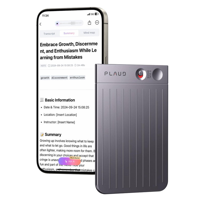 PLAUD AI Voice Recorder, PLAUD Note Voice Recorder w/Case, App Control, Transcribe & Summarize with AI Technology, Support 112 Languages, 64GB Memory, Audio Recorder for Lectures, Meetings, Calls, Black - Image 1