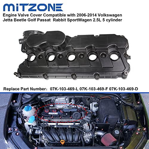 MITZONE Engine Valve Cover Compatible with 2006-2014 Volkswagen Jetta Beetle Golf Passat Rabbit SportWagen 2.5L 5 Cylinder Replace 07K-103-469-L 07K-103-469-F - Image 2